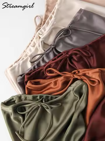 Brown Long Satin Skirts Women Luxury Maxi Autumn Summer High Waist Silk Black Skirt Long Straight Sh