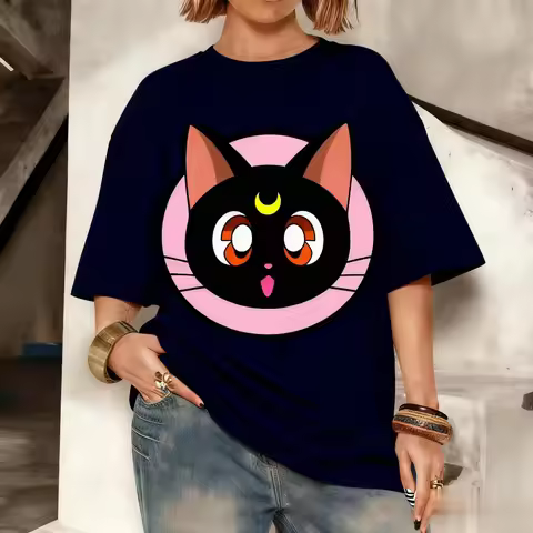 MINISO Sailor Moon Luna Cat Anime Print Cotton T-shirt Women Men Casual Short Sleeve Summer Tops Loo