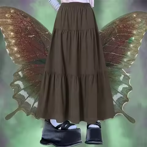 Cottagecore Brown Midi Skirt Airy Linen-blend Low Rise Tiered A-line Long Skirt for Women Teen-girls