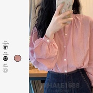 READY STOCK Korean Style Women Loose Ruffled Stand Collar Sweet Lantern Long Sleeve Stripe Blouse Bu