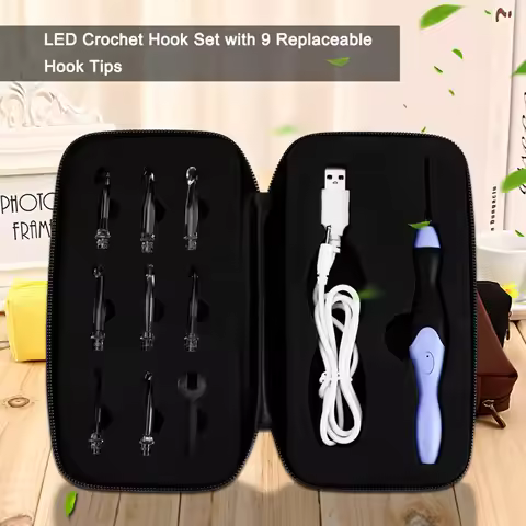 Crochet Hook USB Rechargeable LED Light Up Crochet Hook Set Knitting Tool with Replaceable Tips 2.5-