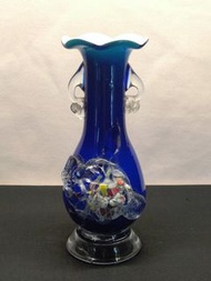 早期日據 昭和年代 手拉吹製老琉璃玻璃雙耳藍色牡丹花瓶 花器 Vintage 擺飾 懷舊 復古 花藝 道具 100074