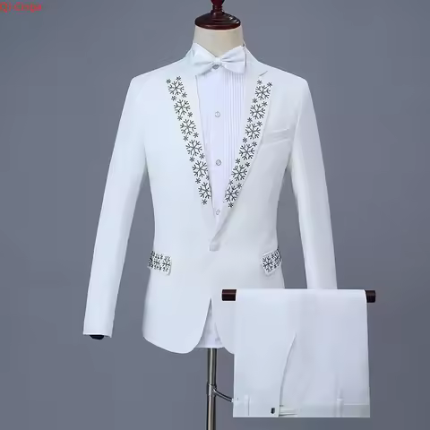 White Men's 2-piece Suit Featuring A Diamond-embellished Collar Jacket Paired with Trousers,Perfect 