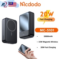 MCDODO Digital Magnetic Display Powerbank PD 20W 20000mAh 20W 10000mAh Wireless Bracket Powerbank Attached Cable