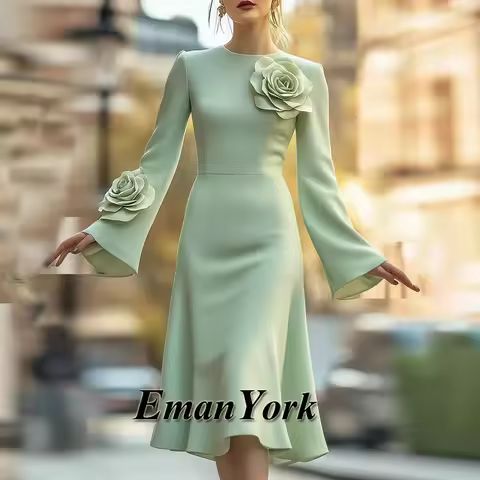 EmanY Stylish 3D Flowers Mother of the Bride Dresses Flare Sleeves O-Neck Wedding Guest Gown Vestido