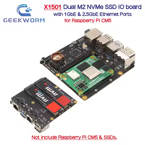 Geekworm X1501 V1.0 Dual M2 NVMe SSD IO board with 1GbE & 2.5GbE Ethernet Ports for Raspberry Pi CM5