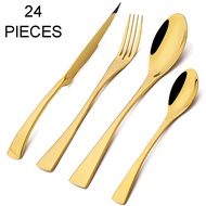 new 24pcs Shiny Gold Dinnerware Set Upscale 304 Stainless Steel Cutlery Set Steak Knife Fork Spoon F