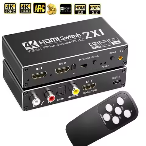 HDMI Switch With Audio Extractor 4K 60Hz HDMI Audio Splitter 2 in 1 out HDMI to Coaxial+Toslink Spdi