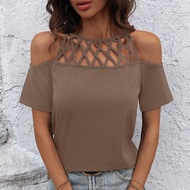 เสื้อยืดแขนสั้นสีพื้นสำหรับผู้หญิง คอล้อมฮู้ด สไตล์คริสตรัสคาสual
