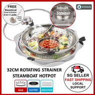 [Singapore Stock] Woodles 32cm Stainless Steel Rotating Strainer Steamboat Yuan Yang Dual Hotpot★Induction Pot★Glass Lid★Local Shipping &amp; Warranty