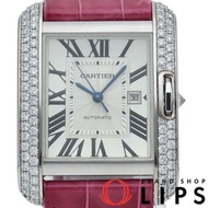 卡地亞 Tank Anglaise LM 腕錶，鑲鑽錶圈，型號 WT100018，帶原廠錶盒和保固卡，18K 白金/皮革錶帶，銀色，拋光處理，成色極佳 [二手]