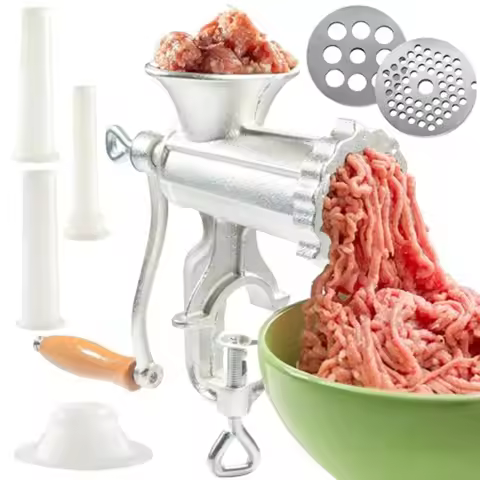 Meat Grinder w Tabletop Clamp & 2 Cutting Disks, Cast Iron Heavy Duty Sausage Maker & Manual Meat Mi
