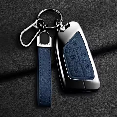 Zinc Alloy + Leather 5 Buttons Car Key Case Cover Fob Holder Shell For Cadillac CT4 CT5 CT4-V C8 Cor