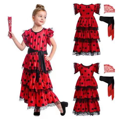 Kids Girl Spanish Flamenco Dress Costume Fly Sleeves Polka Dot Layered Ruffled Dress Ballroom Waltz