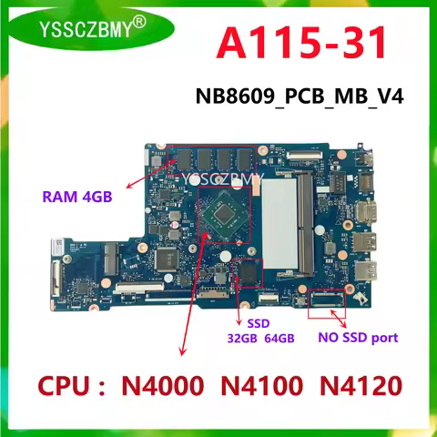 NB8609_PCB_MB_V4 MainBoard For Acer Aspire A115-31 Laptop Motherboard With CPU N4000 / N4100 / N4120
