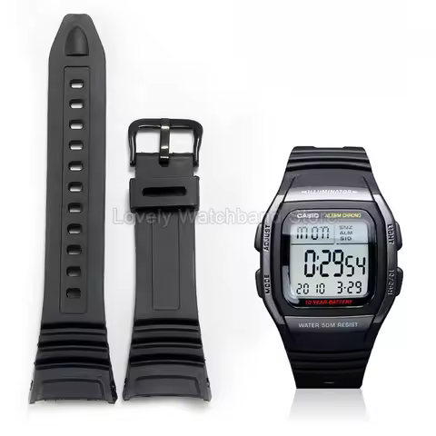 Waterproof Skin-Friendly Soft Sports Silicone Watchband Black for Casio W-96H Concave Interface Need