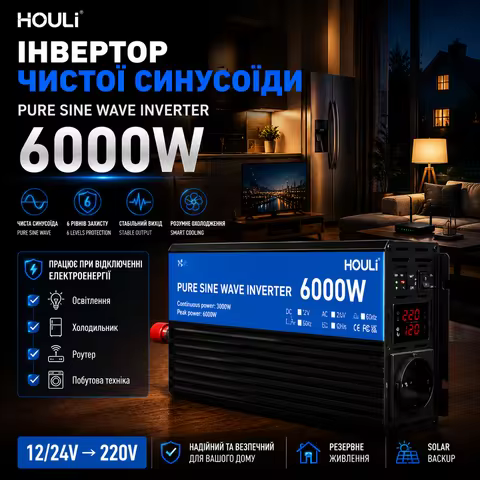 Houli Inverter 12V 220V 6000W Pure Sine Wave Inverter 12V to 220V Pure Sine Wave Converter Solar Pow