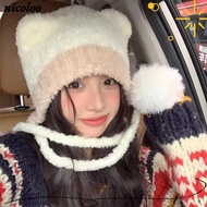 NICOLOO Ear Protection Hat, Bear Ear Wool Beanies Bear Hat,  Crochet Thickened Warm Hat Winter
