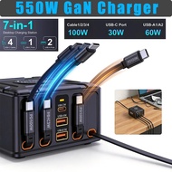 GaN Fast Charger 550W 7-in-1 Charging Station with 100W Retractable USB C Cable for MacBook Pro iPho