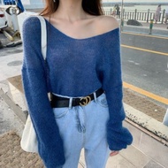 New Arrival ❈▨ cg2473 Mohair V-Neck Sweater Women Lazy Style Autumn Knitwear Coat Versatile Simple Top Clothes Loose Large Size Korean Women's Clothing 1127