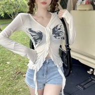 ☁️ 11581 เสื้อไหมพรมแขนยาวคอวียืดพอดีตัว ซีทรูเบาๆลายน่ารัก ปลายปล่อย