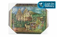 Hiasan Dinding Lukisan Timbul Relief Andong Kereta Kuda Background Candi Prambanan 44x34 Cm Bingkai 