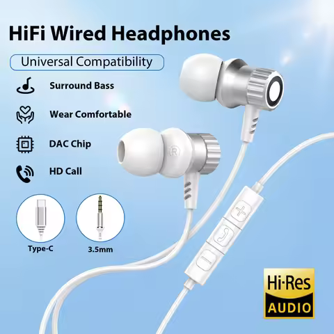 Type-c Wired Headphones HiFi Stereo Headset With Mic Volume Control 3.5mm Earbud For Samsung Galaxy