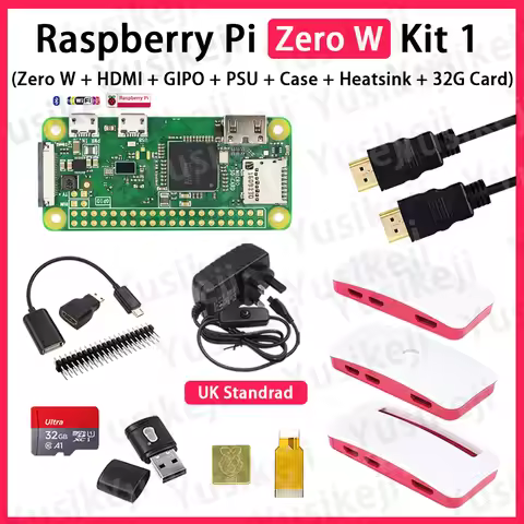 Original Raspberry Pi Zero W KIT（Zero W Board+Case+HDMI Cable+Heatsink+Power Supply+GPIO+32GB Card+C
