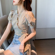 Plaid V-Neck Puff Sleeve Shirt - Summer 2025 Fashion Top IMS6