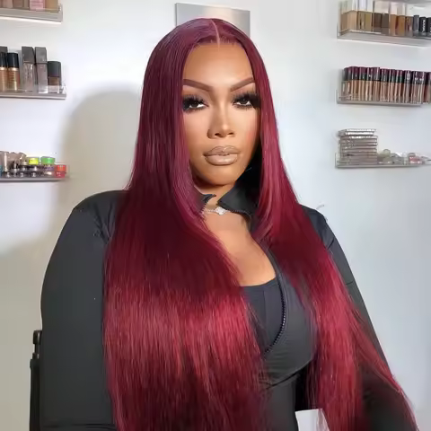 99J Burgundy Human Hair Straight Wig 46 Inch 13x6 HD Undetectable Lace Frontal 200 Density Pre Pluck