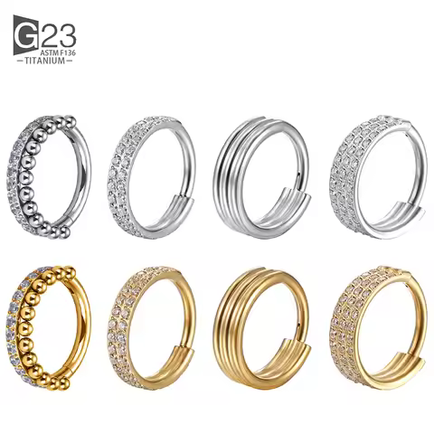 G23 Titanium Piercing Double Layered Triple Stack Hinged Zircon Nose Ring Helix Cartilage CZ Small C