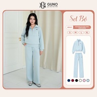 GUNO Women's Sweatshirt Set Polo Collar Zipper with Hack Straight Pants Embroidered Logo High Fashio