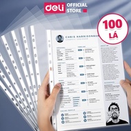 File of 100 A4 Deli 0.035mm Transparent 11 Hole Protective Sheet Shirts - 11 Hole Office Cover