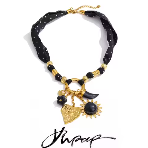 Yhpup Black Polyester Cloth Chain Resin-Hearted Flower Sun Charm Pendant Necklace Stainless Steel St