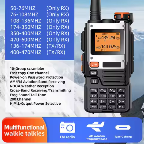 UV-K6 walkie talkie 15W radio, Airband, 200 channels, weather alarm UHF charging, VHF, DTMF, FM, NOA