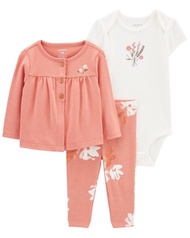 Carters 3PC CARDI SET PINK FLORAL L11 คาร์เตอร์ชุดเซ็ทบอดี้สูท-เสื้อ-กางเกง ลายดอกไม้สีชมพู