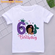 6th-9th Birthday Mermaid Graphic Print T-Shirt Black Girl Princess Tshirt Kawaii Children'S Clothing