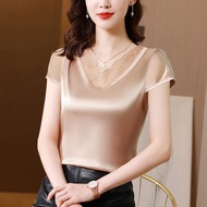 Korean lace patchwork V-neck short sleeved T-shirt for women's 2024 summer oversized undershirt