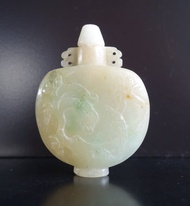 snuff bottle 清 老翡翠 冰種三彩鼻煙壺 緬甸 花卉鳥圖案 擺件