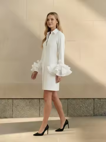 UOOZEE Women's White Elegant Lapel Shirt Dress Ruffle Flared Sleeves Button Down Urban Stylish Selec