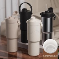 GSWLTT Cold Coffee Cup, 24OZ Portable Travel Mug, Easy to Use 735ML Inner Ceramics Insulated Insulat