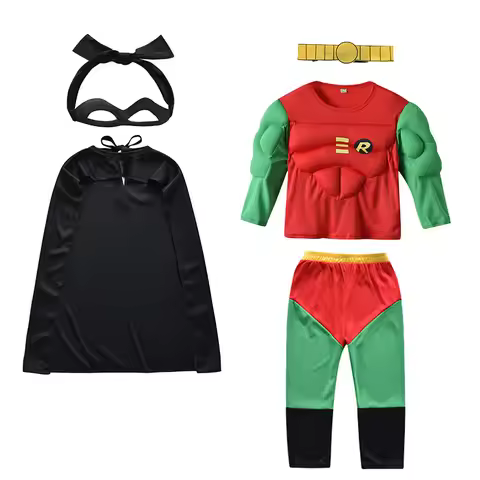 Kids Superhero Nightwing Robin Costume Set Boys Girls Muscle Suit Tops Pants Eye Mask Cloak Children