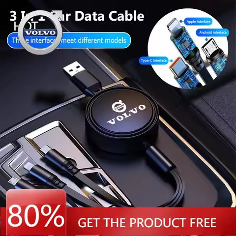 2026 Hot For VOLVO Car Logo Fast Charger 3 In 1 Micro USB Type C Data Wire For Volvo ES90 EC40 EX40