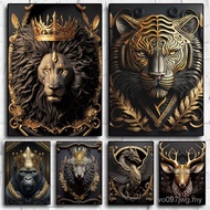 Metal Sculpture Gorilla King Canvas Painting Print Golden Lion Tiger Deer Bull Poster Art Animal Statue Picture Wall Decoration 43123