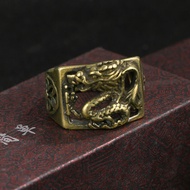 Pure Copper Dragon Ring Mens Open Style Wealth Attraction Lucky Charm Vintage Finish Chinese Zodiac 