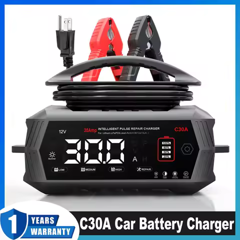 30A Car Battery Charger for 6V/12V/24V Car Charger Auto Motor Lithium LiFePO4 Lead-acid AGM WET 9-St