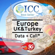 ICC UK+ Europe+ Turkey 7-30 Days Data + Call* SIM *Covers Turkey*/Europe SIM Card/ Turkey SIM Card/T