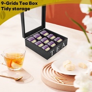 Wooden 9 Grids Tea Box Tea Bags Container Storage Box Square Gift Box Case Transparent Top Lid Jewel