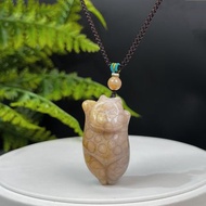 精品 天然珊瑚玉吊墜 冰潤玉化檸檬片 黃紫雙色 雕刻可愛胖橘貓