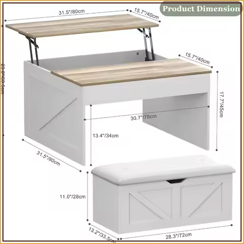 Table Lift Top Coffee Table with Hidden Storage, 31.5 Farmhouse Coffee Table with Bench, White